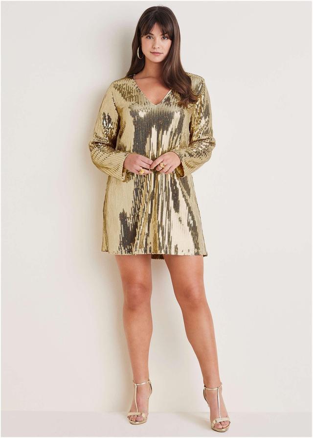 Sequin Long-Sleeve Mini Dress - Gold Product Image