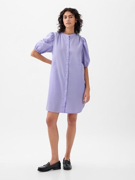 Linen-Cotton Puff Sleeve Mini Shirtdress Product Image