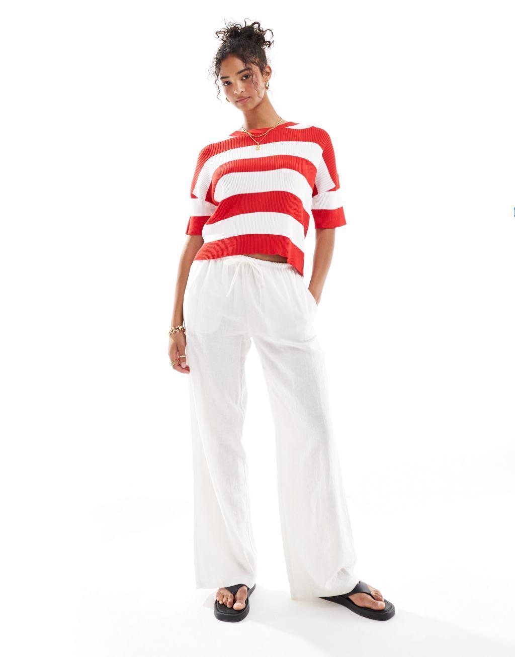 Mango stripe short sleeve knitted top in red and white Product Image