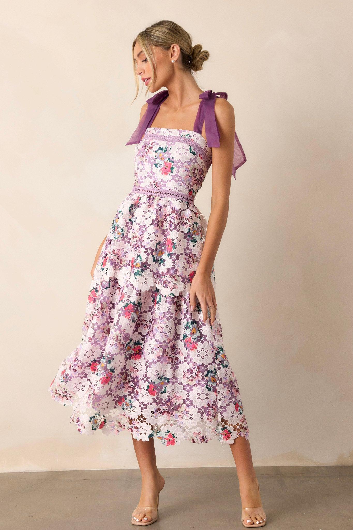 Romance In Bloom Lavender Floral Embroidered Midi Dress Product Image