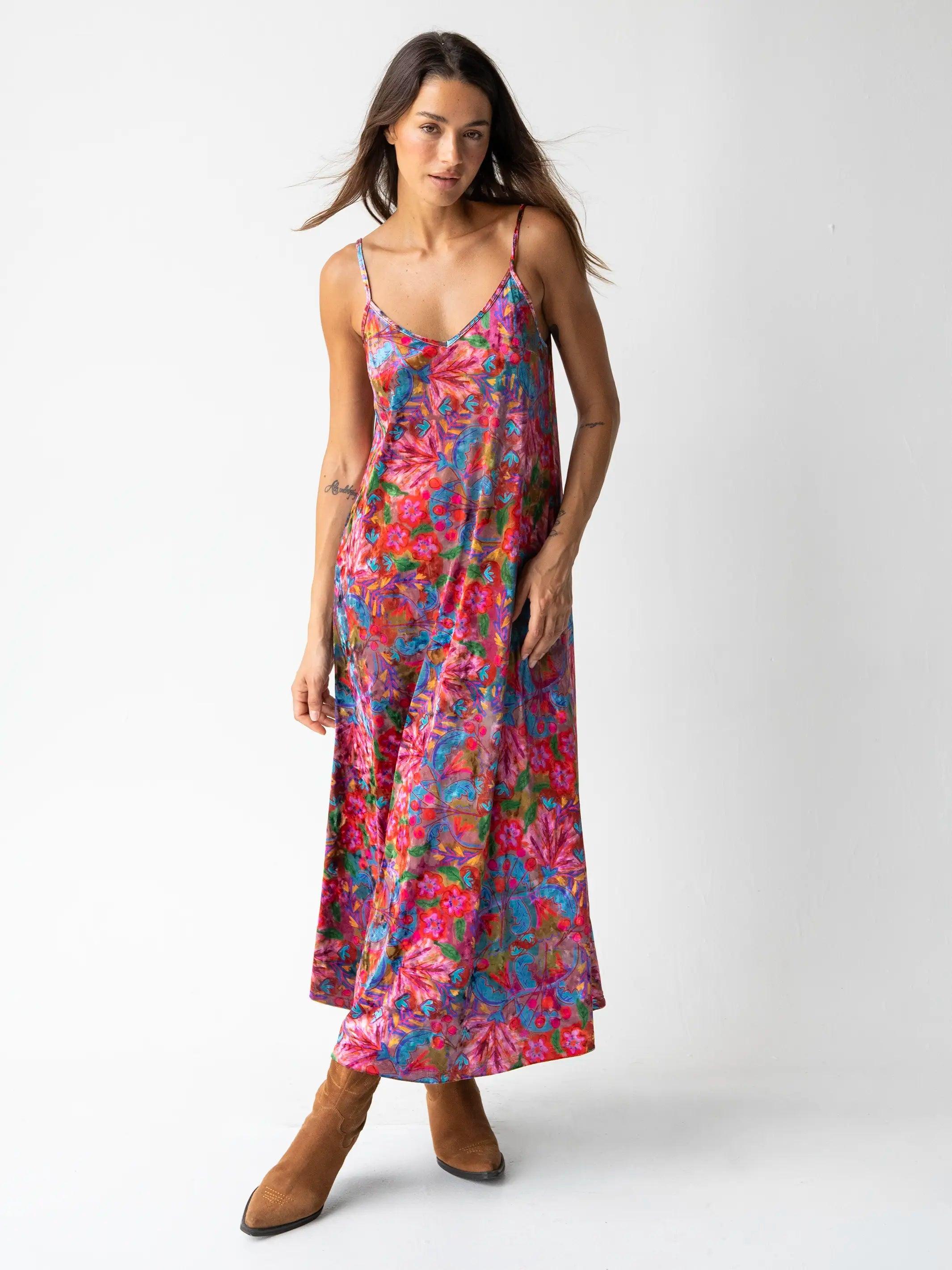 Gracie Velvet Slip Maxi Dress - Pink Red Folk Floral Product Image