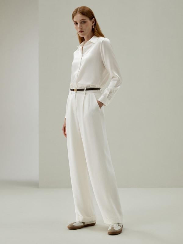 Timeless Pleated Wide-Leg Dense Silk Trousers Product Image