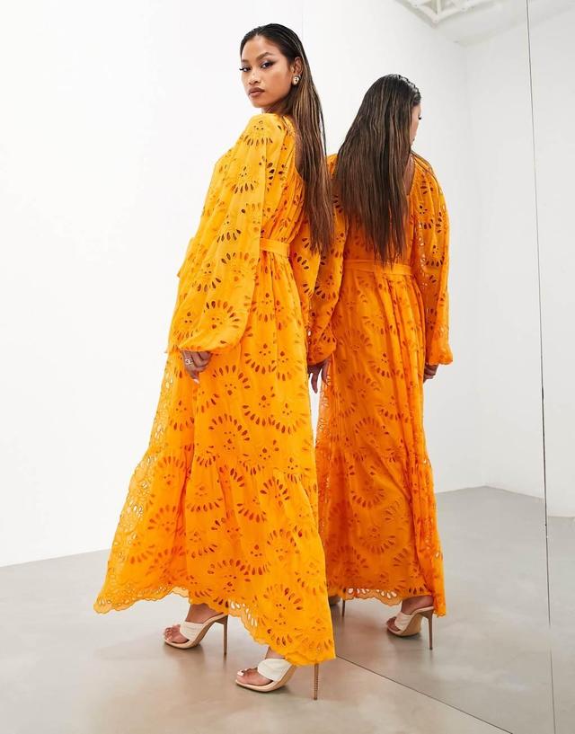 ASOS EDITION eyelet long sleeve maxi dress with belt in orange Product Image