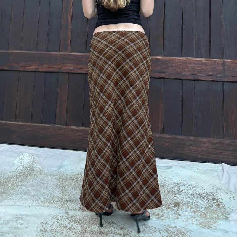 High Waist Plaid Maxi A-Line Skirt Product Image