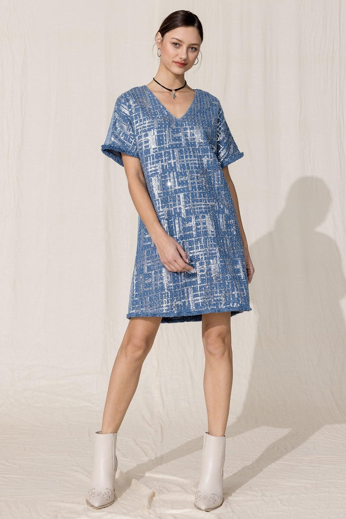 Denim Sequin Mini Shift Dress Product Image