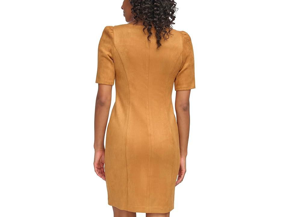 DKNY Short Sleeve Puff Sleeve Scuba Suede Sheath (Pecan) Women's Dress Product Image