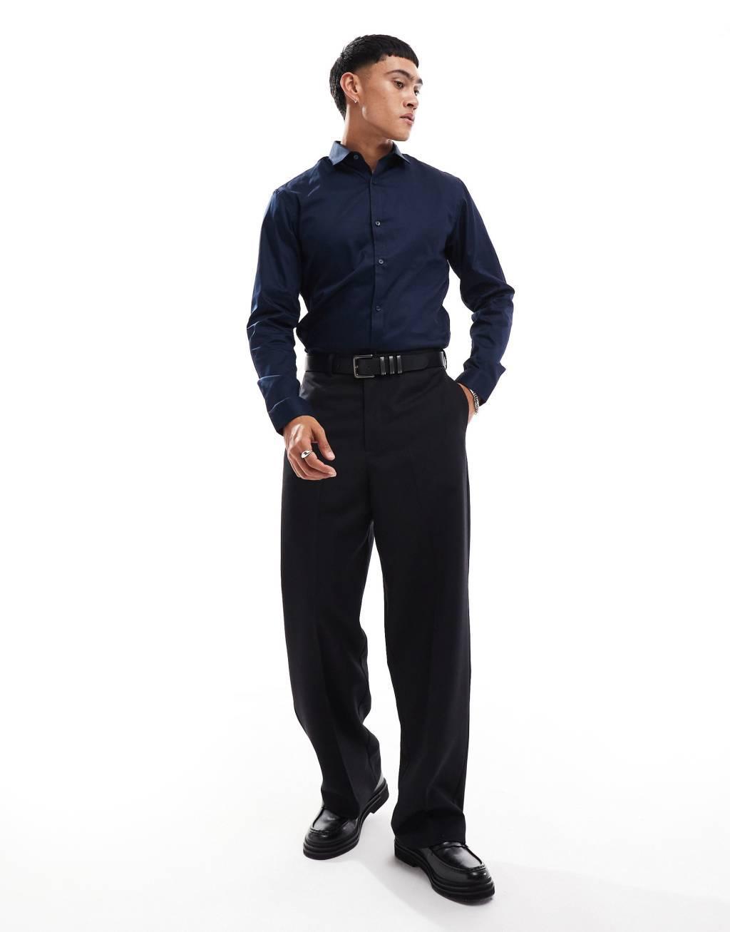 Jack & Jones Premium slim fit stretch smart shirt in navy Product Image