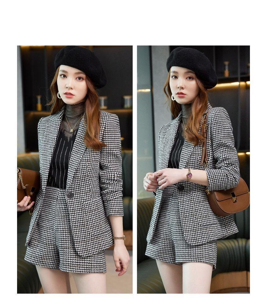 One Buttoned Plaid Blazer / High Waist Dress Shorts Product Image