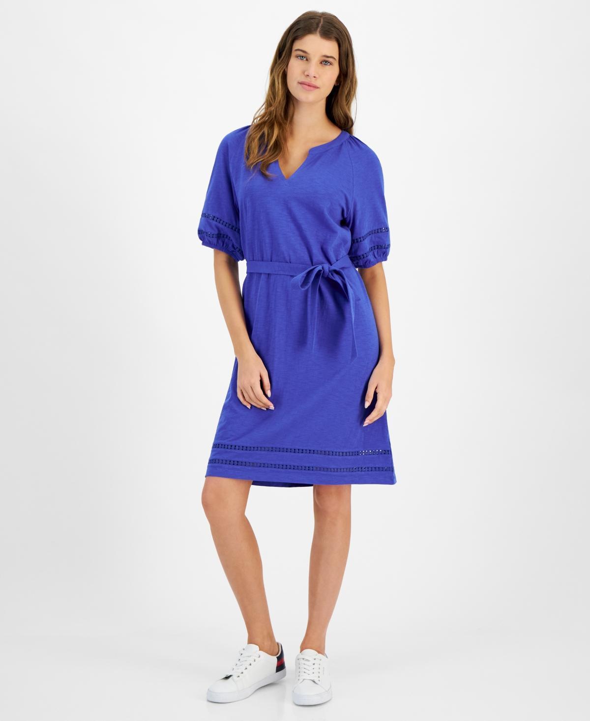 Tommy Hilfiger Womens Cotton Belted Puff-Sleeve Dress Product Image