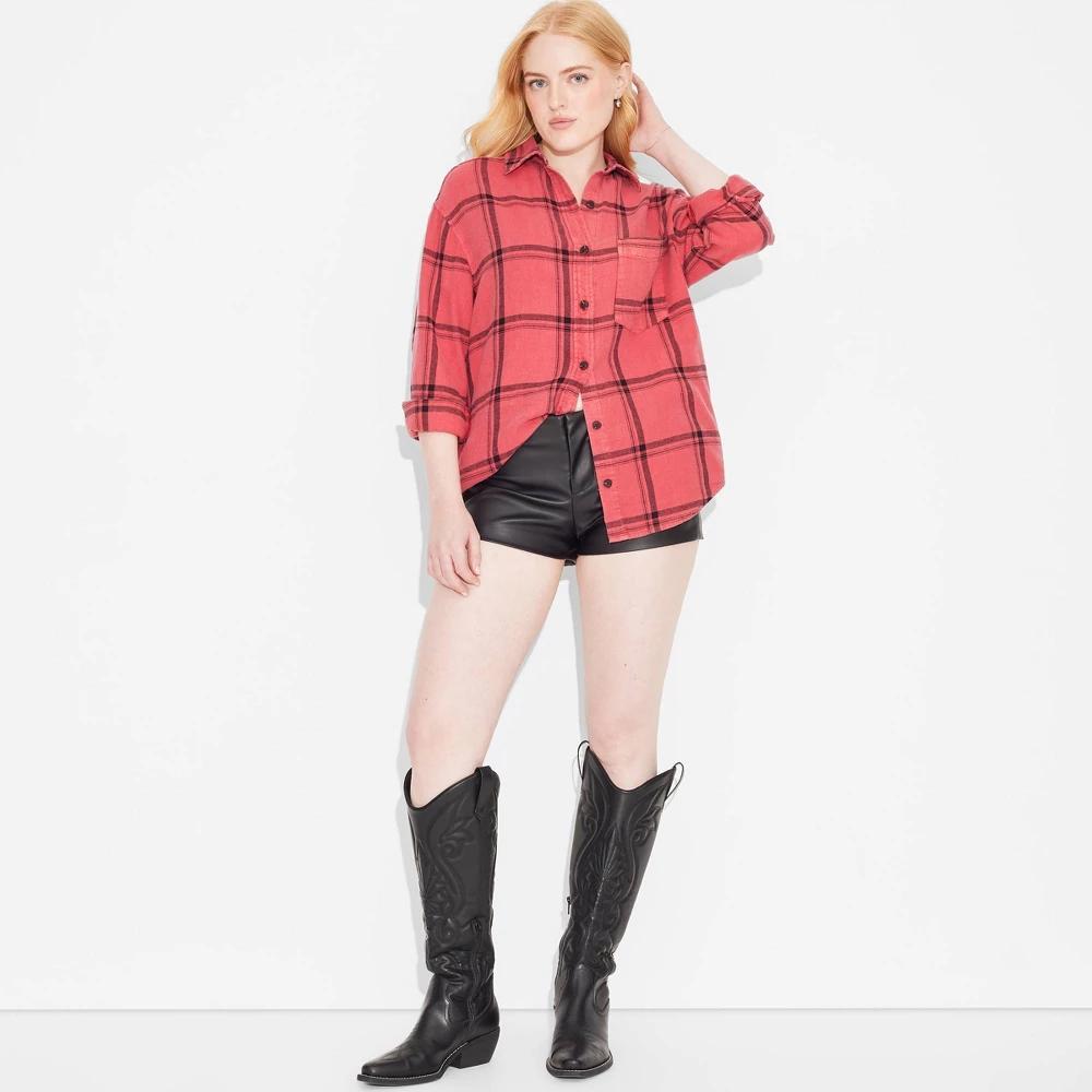 Womens Long Sleeve Oversized Flannel Button-Down Shirt - Wild Fable Red Plaid XS Product Image