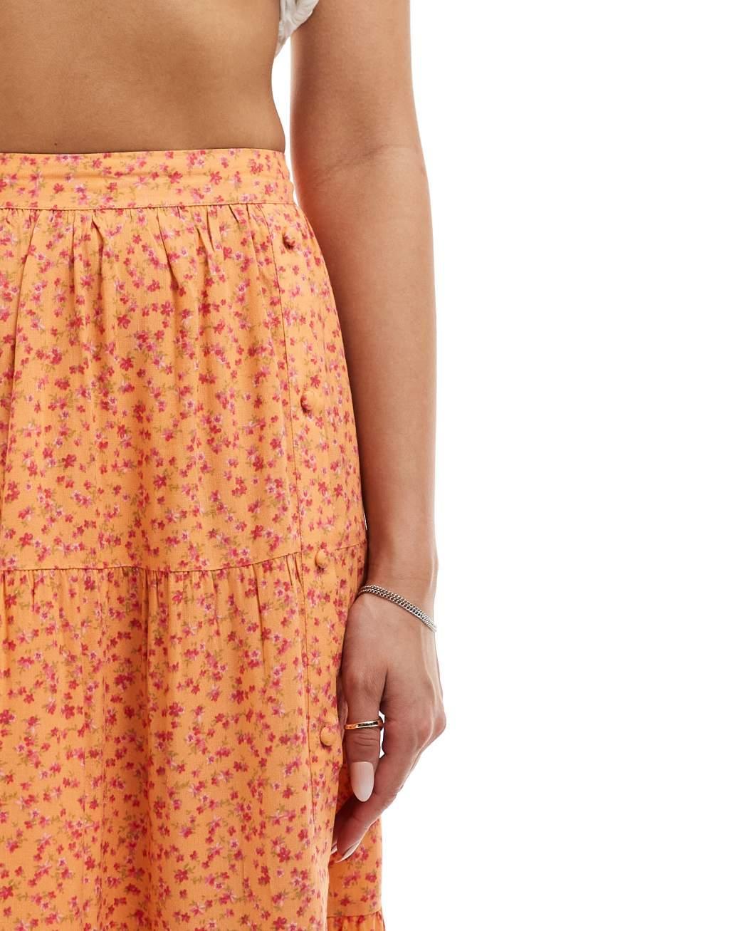 Miss Selfridge button detail tiered maxi skirt in orange floral Product Image