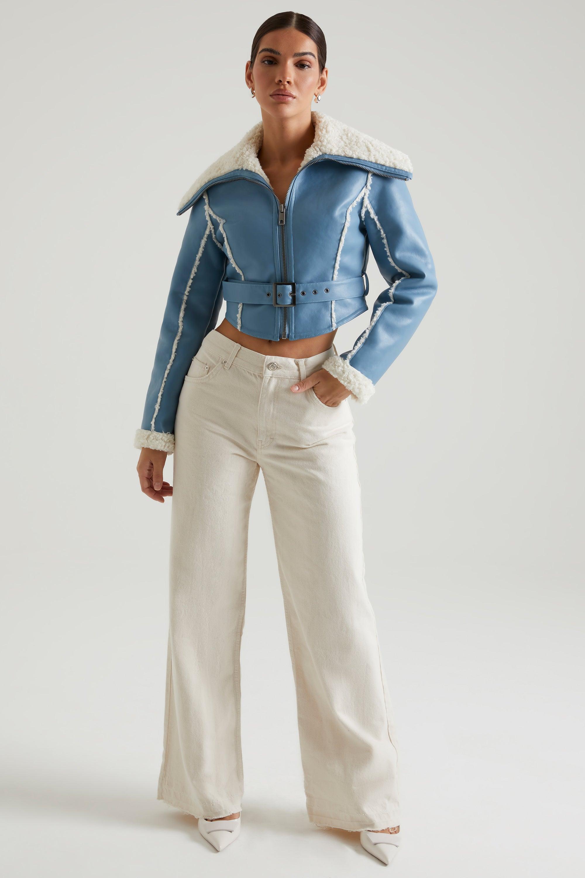 Jacket with Shearling Collar and Trim in Blue Product Image