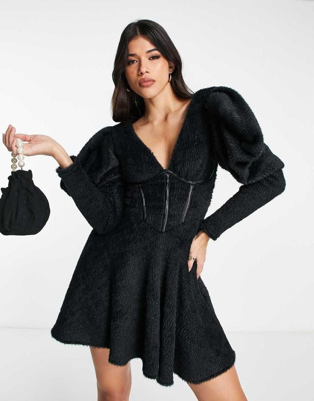 ASOS LUXE fluffy knitted corsetted dress with flippy skirt in black Product Image