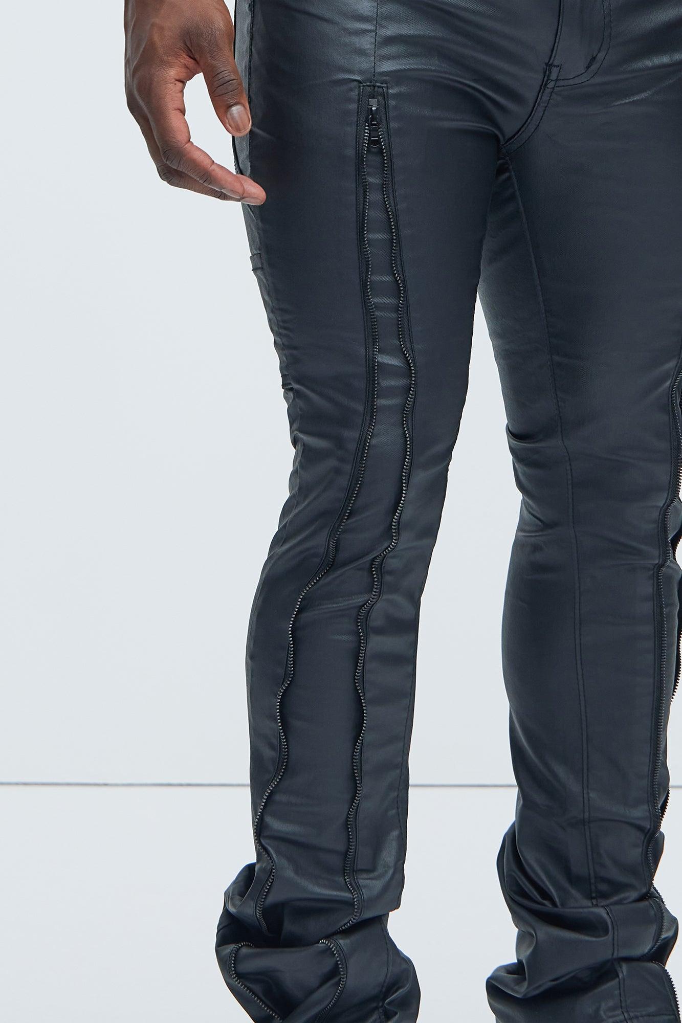 Way Up Zipper Waxed Stacked Skinny Flare Pants - Black Product Image