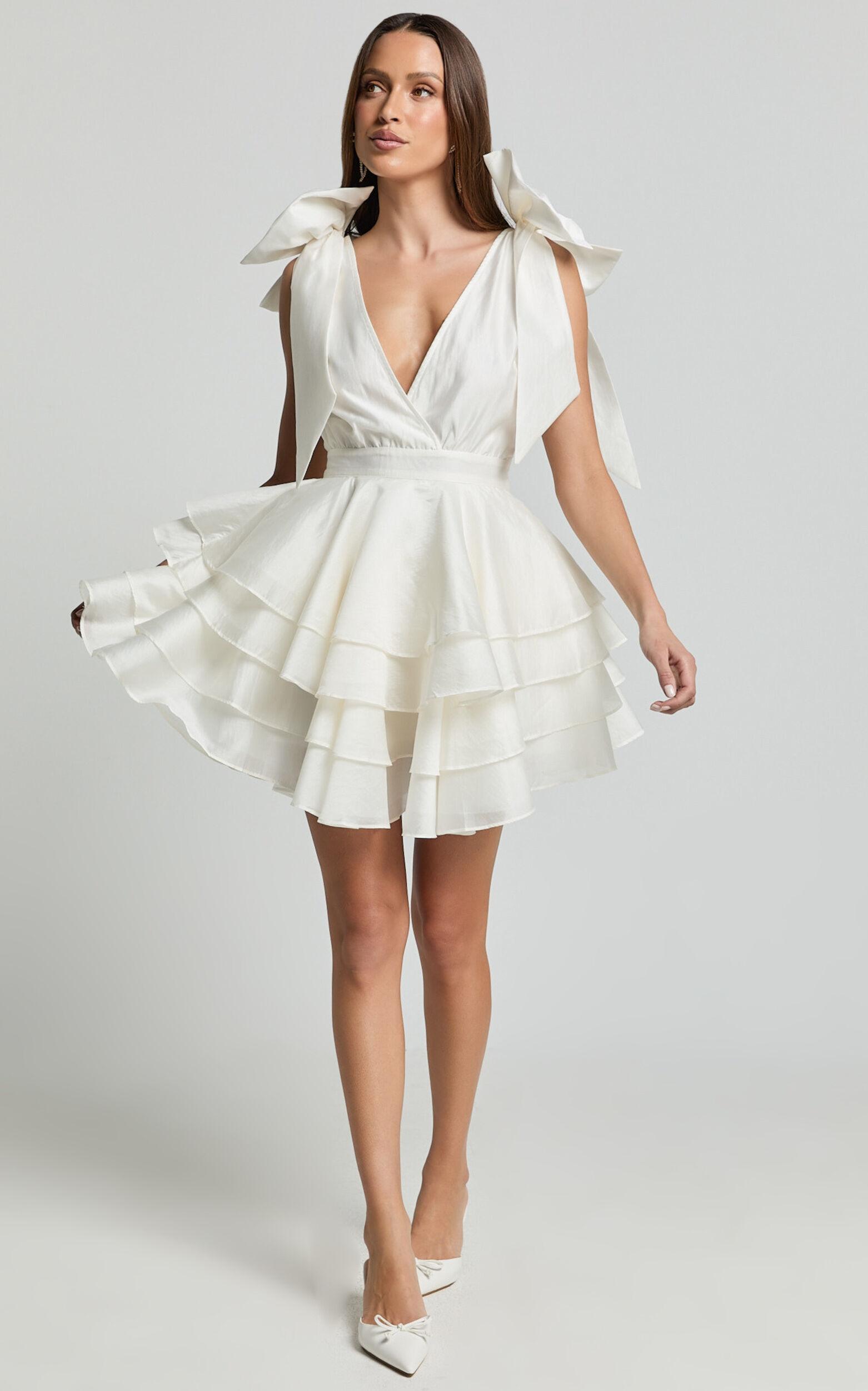 Roxanne Mini Dress - Shoulder Tie Plunge Ruffle Dress in White Product Image