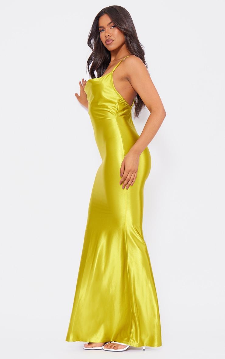 Chartreuse Stretch Satin Cowl Neck Low Back Maxi Dress Product Image