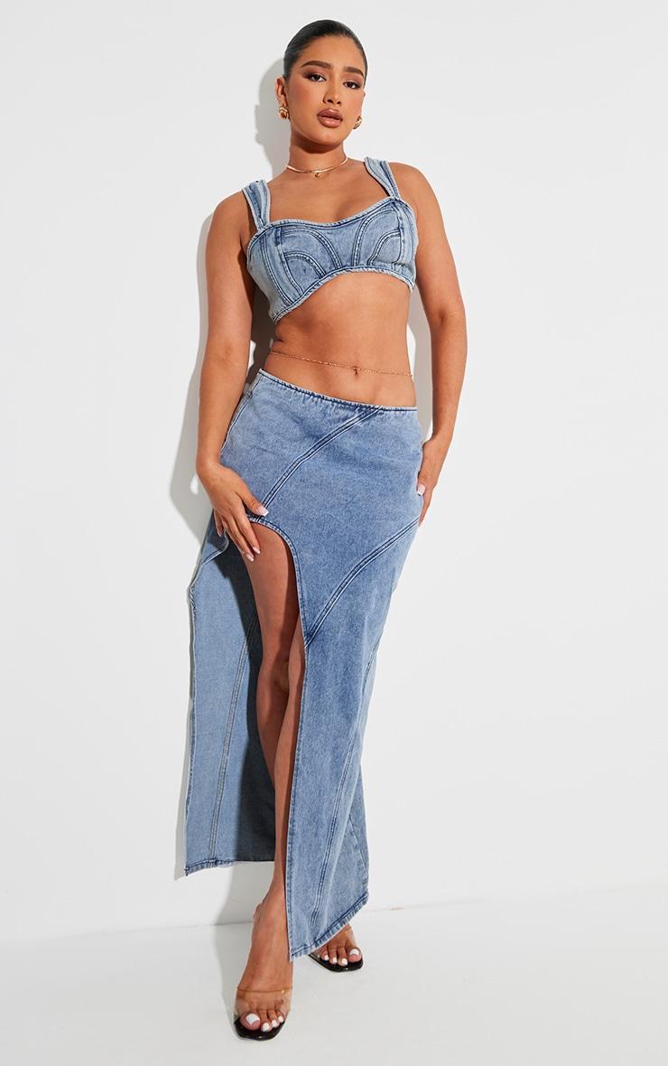 Shape Light Blue Denim Seam Detail High Split Maxi Skirt Product Image