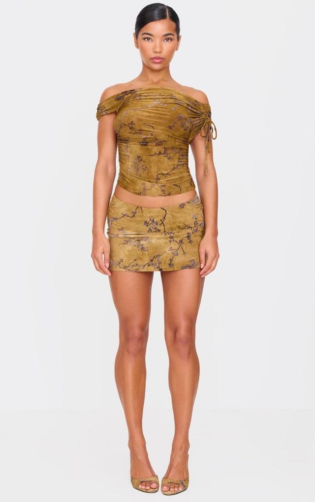 Olive Floral Devore Low Rise Mini Skirt Product Image