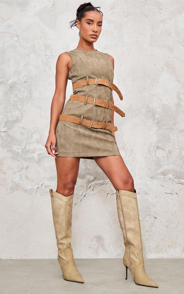 Khaki Faux Leather Belted Bodycon Dress Product Image