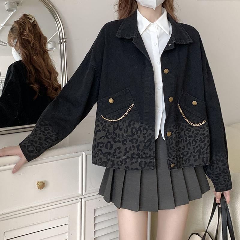 Long Sleeve Leopard Print Loose-Fit Denim Jacket Product Image