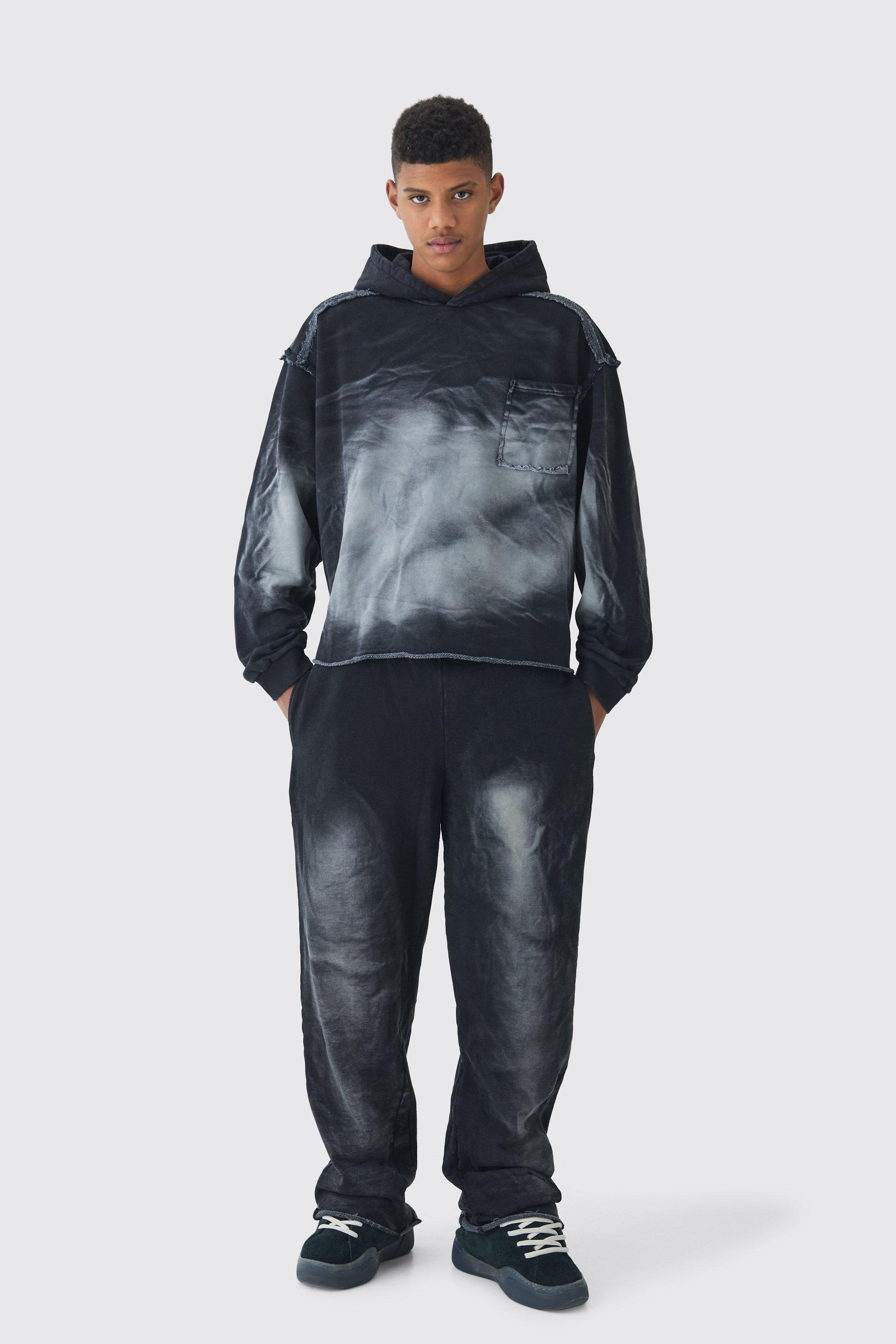 Tall Oversized Boxy Washed Applique Hooded Tracksuit | boohooMAN USA Product Image