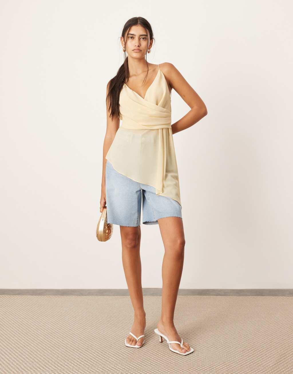 ASOS EDITION wrap front cami top with asymmetric hem in lemon Product Image