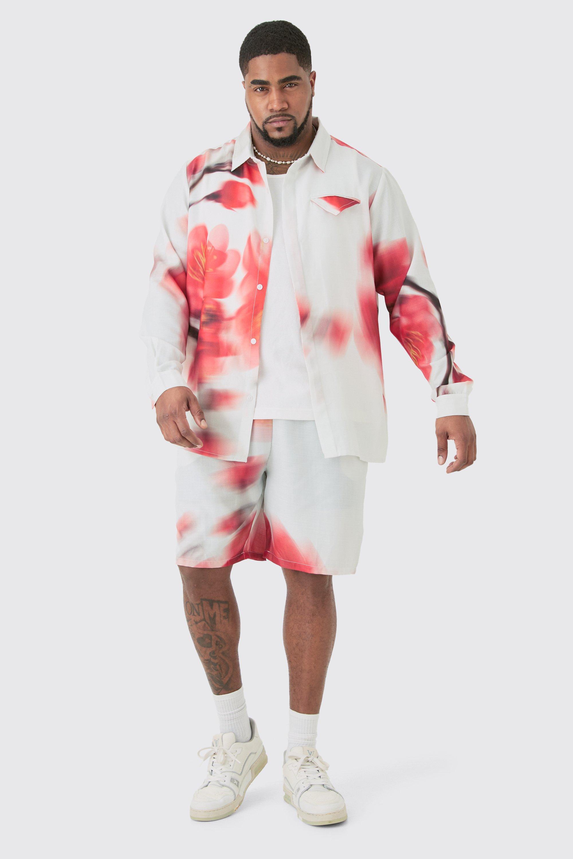 Mens Red Plus Linen Look Pocket Detail Abstract Shirt & Short Set, Red Product Image