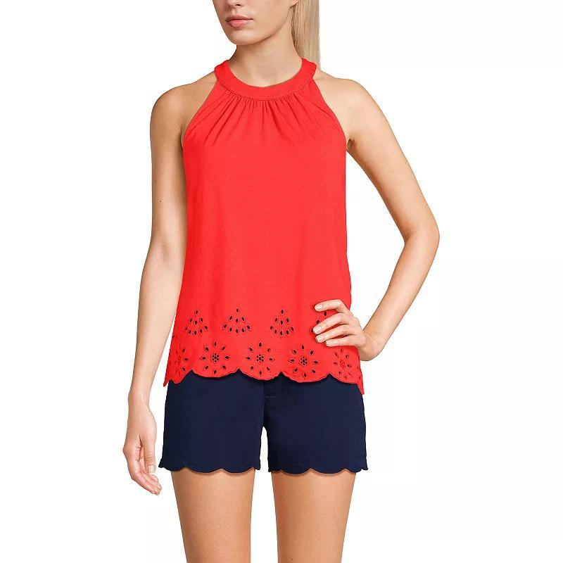 Womens Lands End Eyelet Trimmed Flowy Pleated High Neck Tank Top Product Image