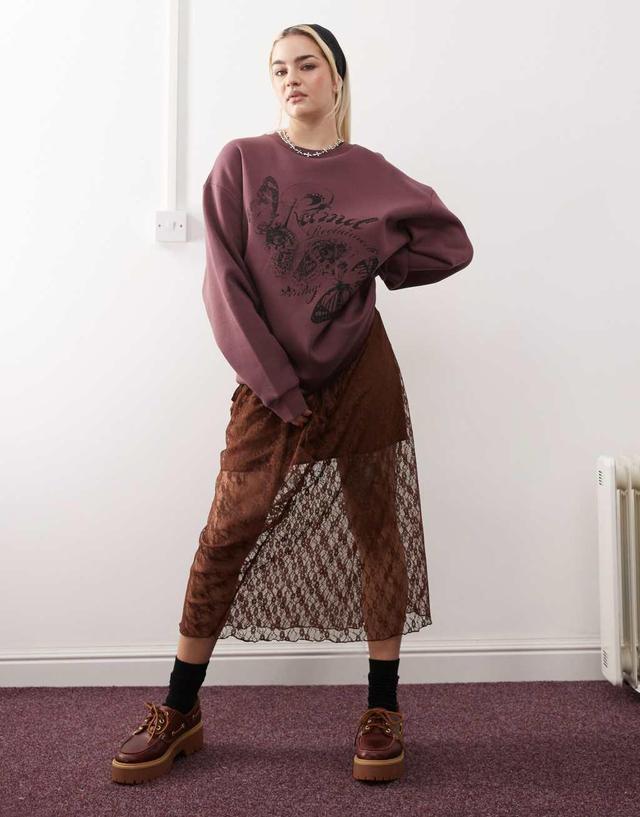 Reclaimed Vintage oversized sweat with butterfly print in burgundy Product Image