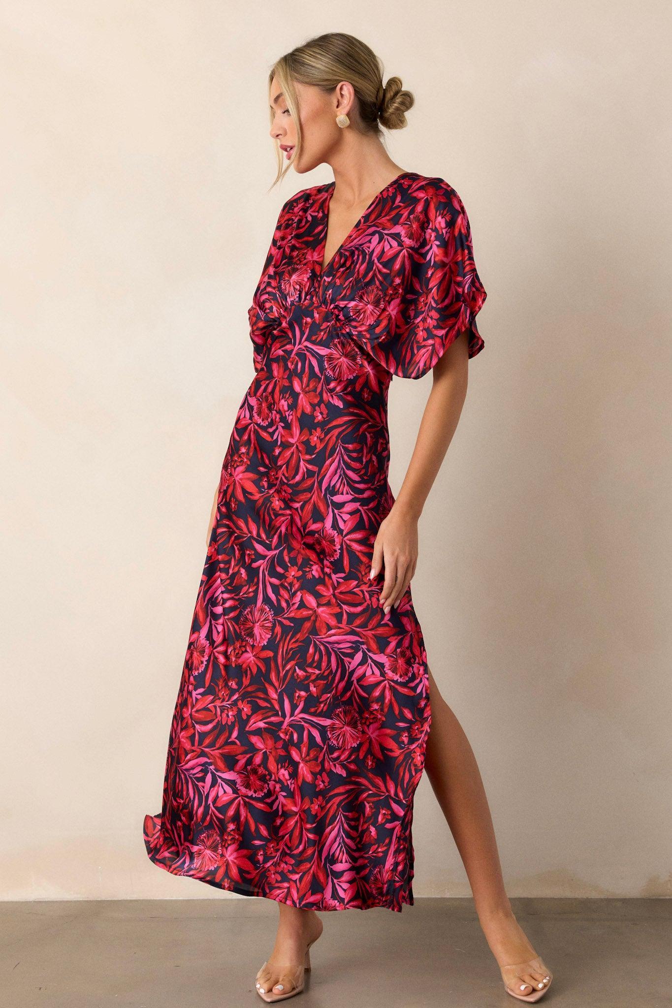 Waltz Through Time Fuchsia Floral Satin Maxi Dress Product Image