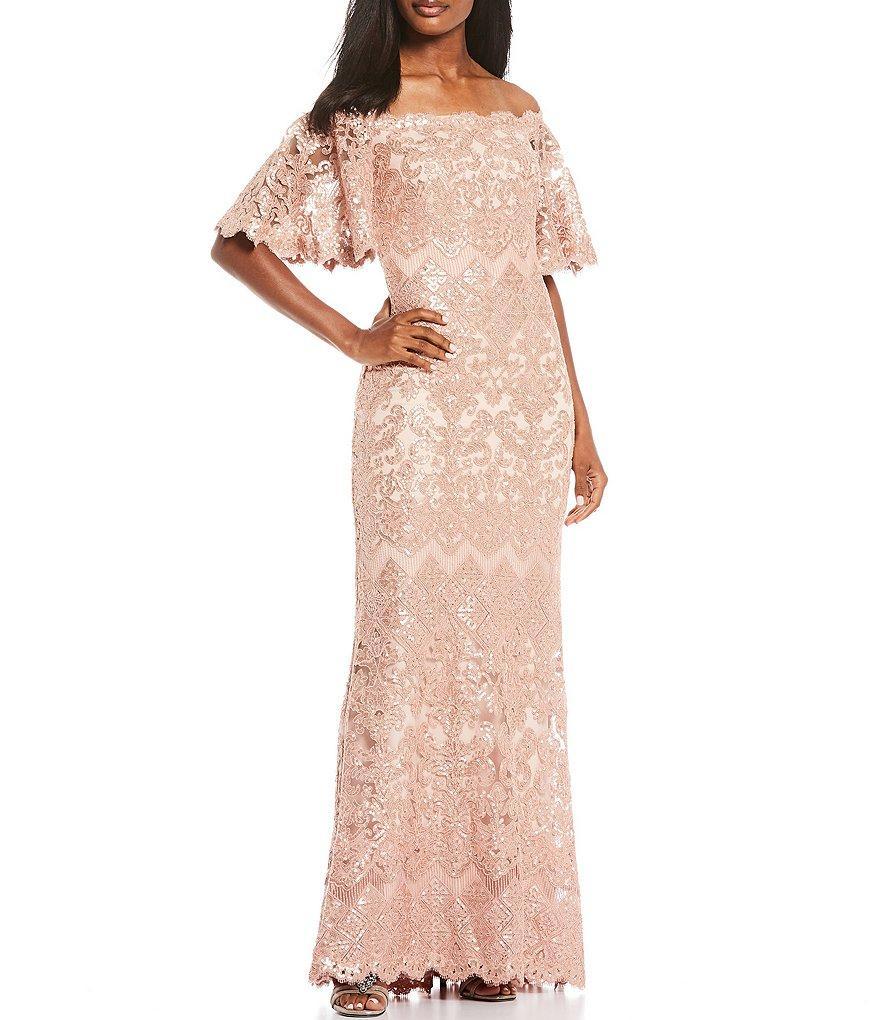 Tadashi Shoji Off-the-Shoulder Short Flutter Sleeve Sequin Lace Scalloped Hem Gown Product Image