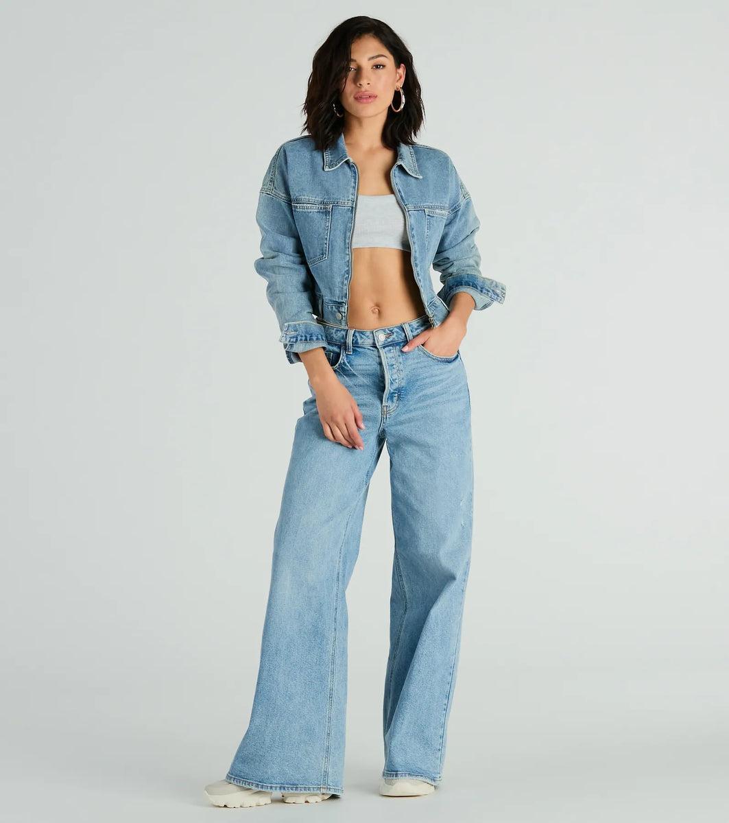 Good Vibes Zip-Up Crop Trucker Denim Jacket Product Image