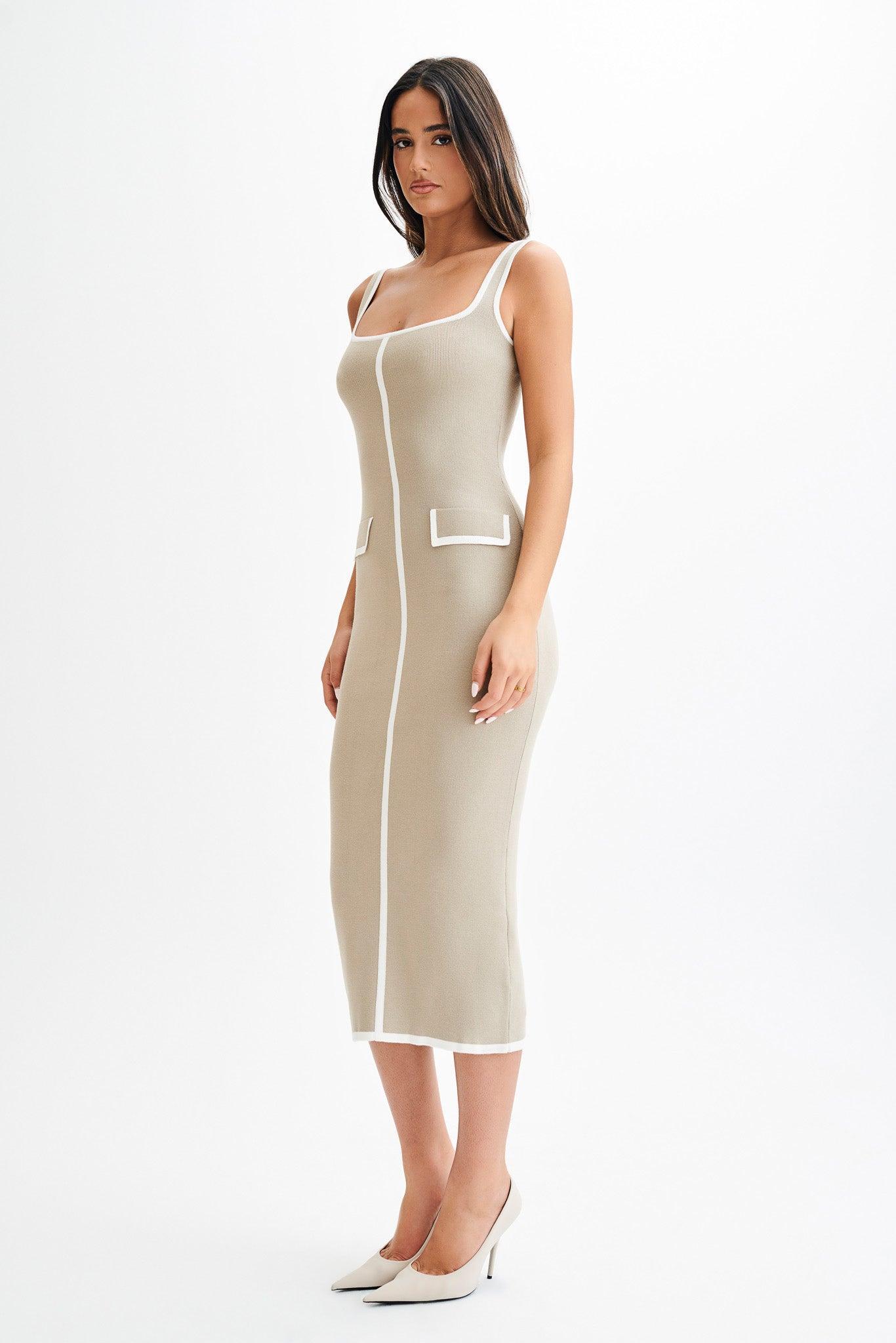 Eimear Contrast Knit Midi Dress - Taupe & Ivory Product Image