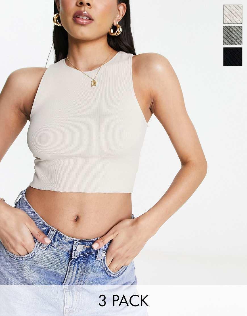 Pull & Bear 3 pack ribbed racer neck cropped top ecru, khaki & black Product Image