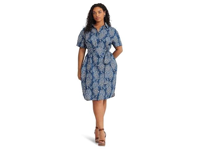 LAUREN Ralph Lauren Plus-Size Floral Belted Linen Shirtdress Cream) Women's Dress Product Image