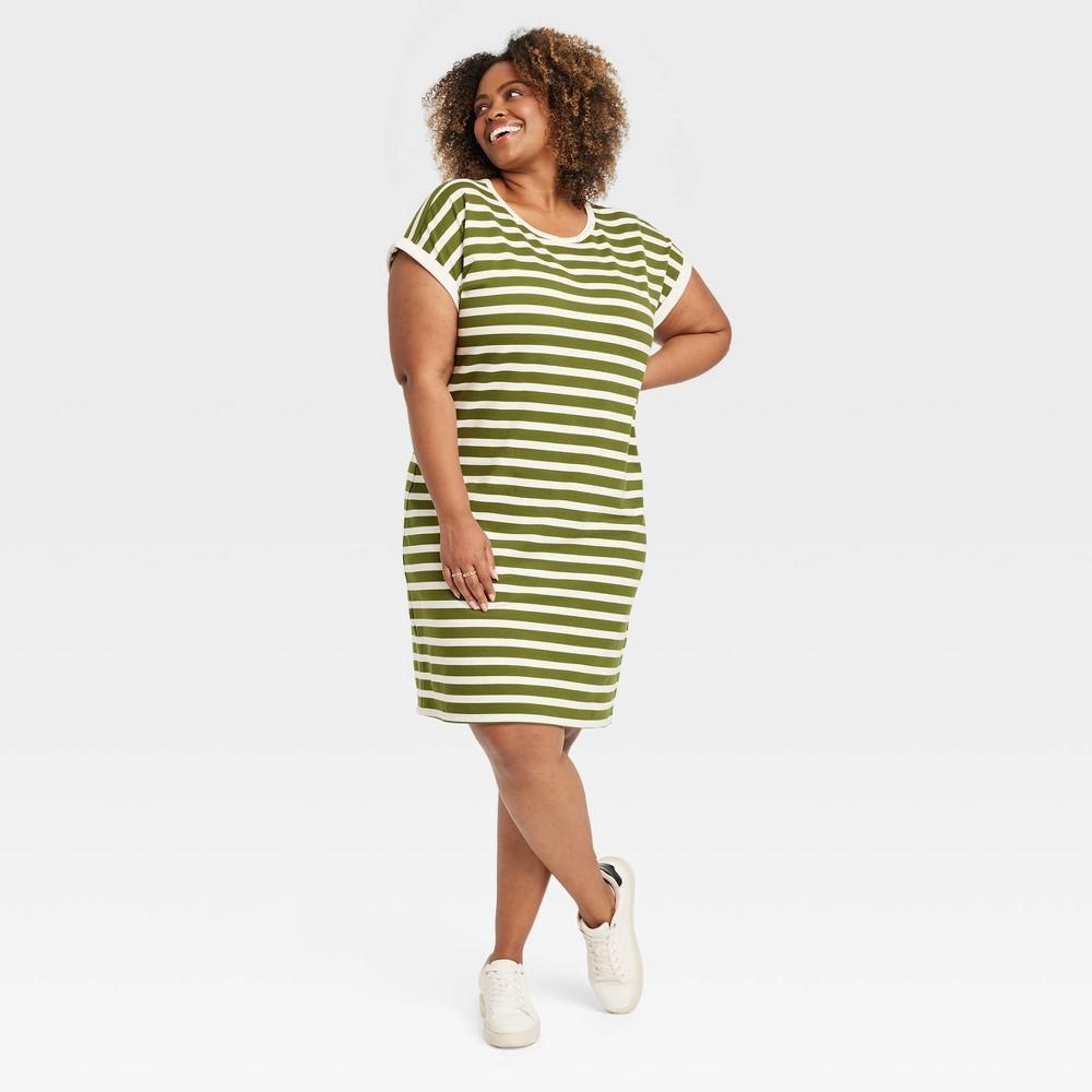 Womens Short Sleeve Knit Mini T-Shirt Dress - Ava & Viv Olive Striped XXL Product Image