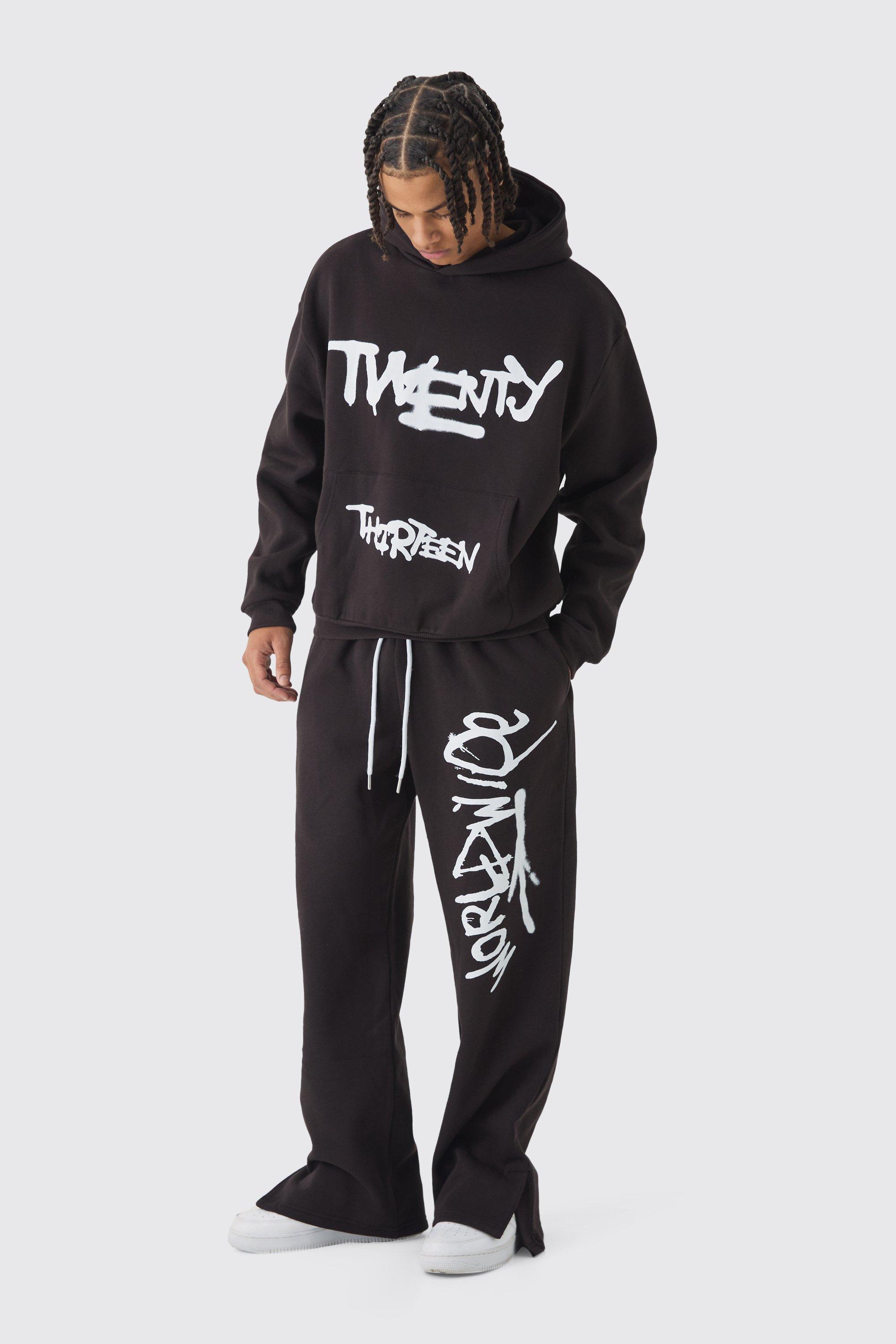 Oversized Boxy Spray Graffiti Print Split Hem Hooded Tracksuit | boohooMAN USA Product Image