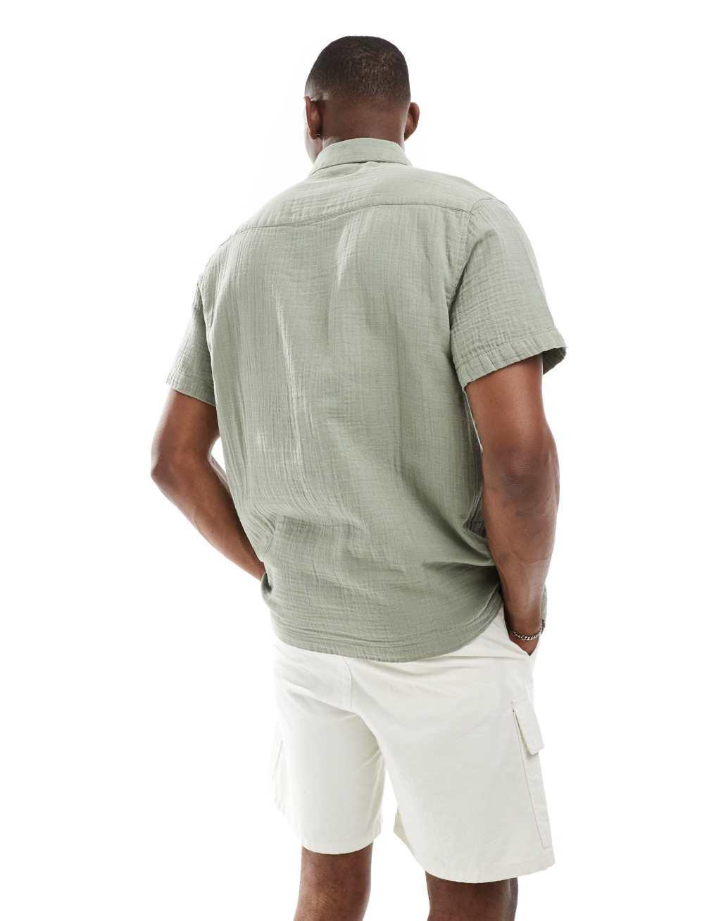 ASOS DESIGN short sleeve relaxed camp collar cheese cloth shirt in light sage Product Image