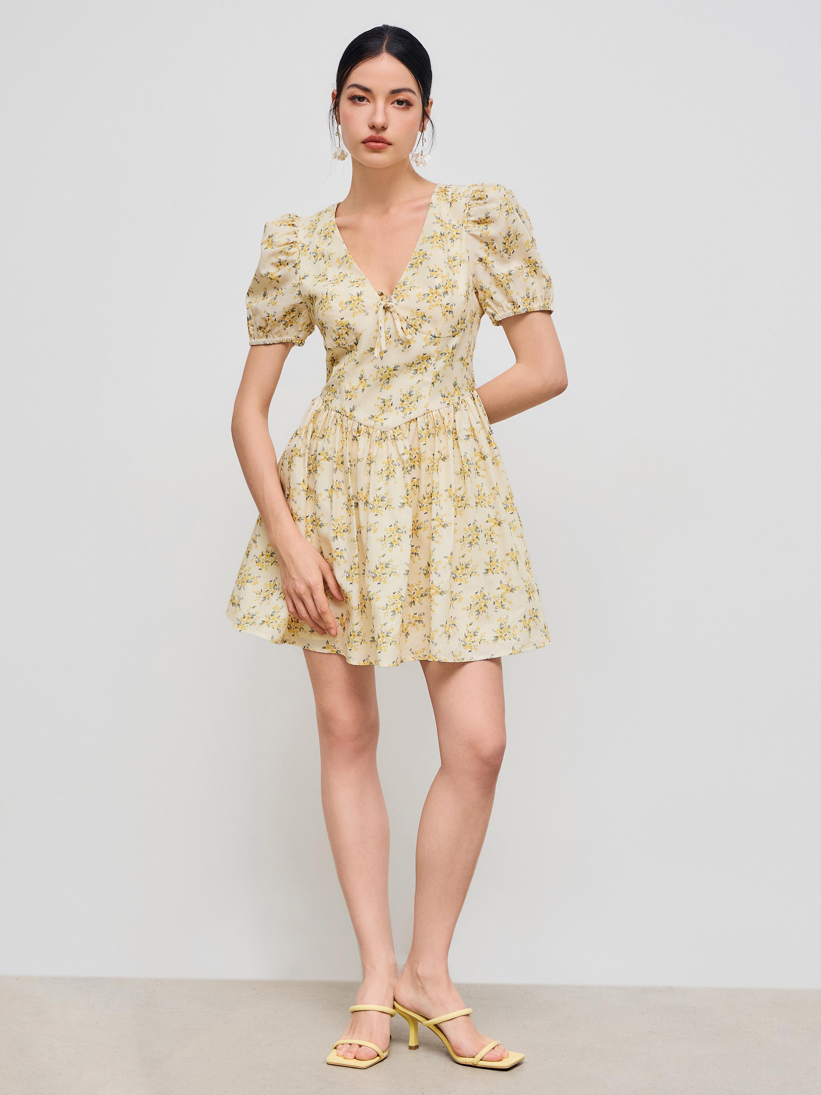 V-neck Floral Ruffle Knotted Puff Sleeve Mini Dress Product Image