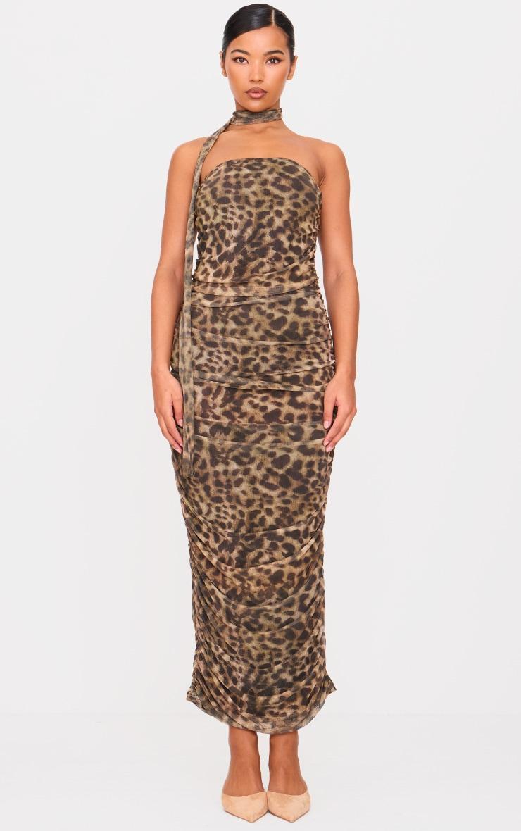 Brown Leopard Print Mesh Bandeau Scarf Maxi Dress Product Image