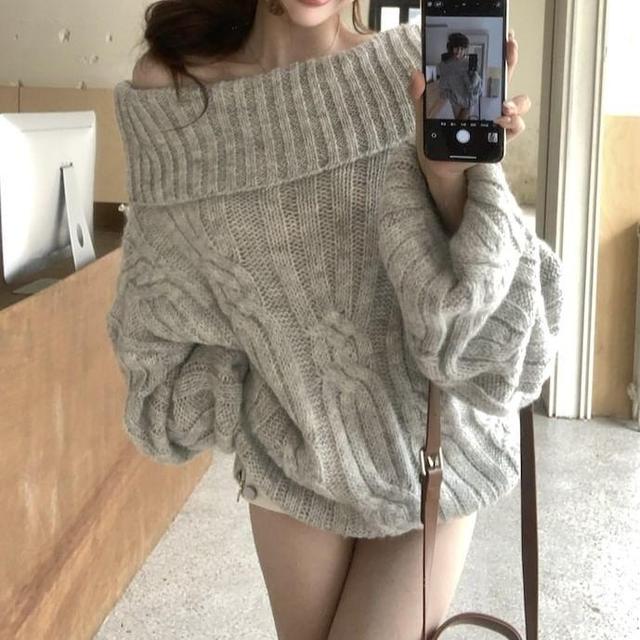 Off-Shoulder Long-Sleeve Plain Cable Knit Sweater Product Image