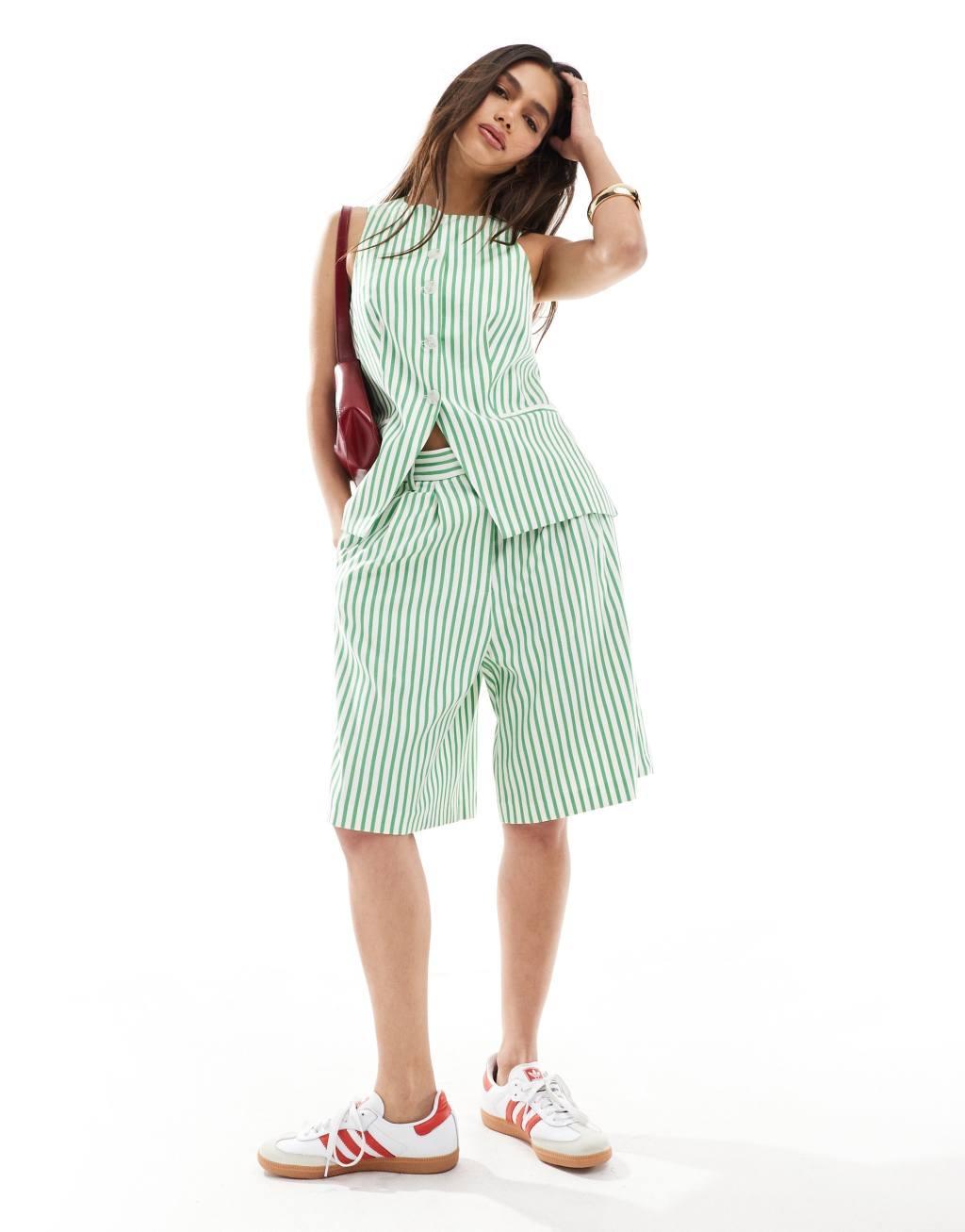 ASOS DESIGN longline high waist tailored shorts in green stripe - part of a set Product Image