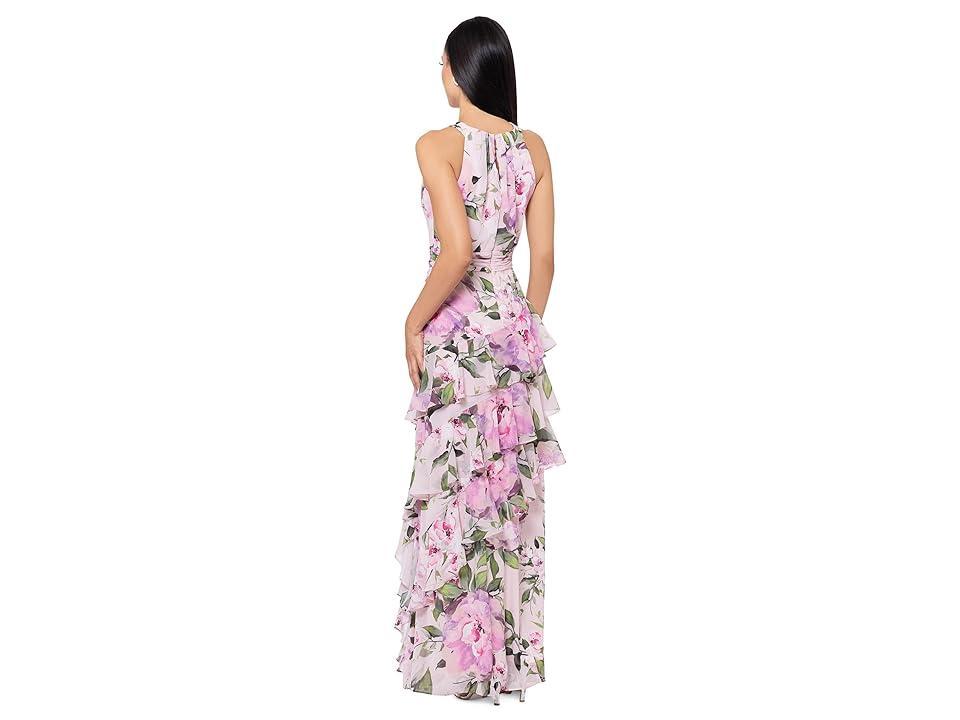 XSCAPE Long High Multi Chiffon Print Ruffle Dress (Blush/Multi) Women's Dress Product Image