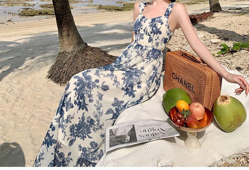 Sleeveless Square Neck Floral Maxi Sun Dress Product Image