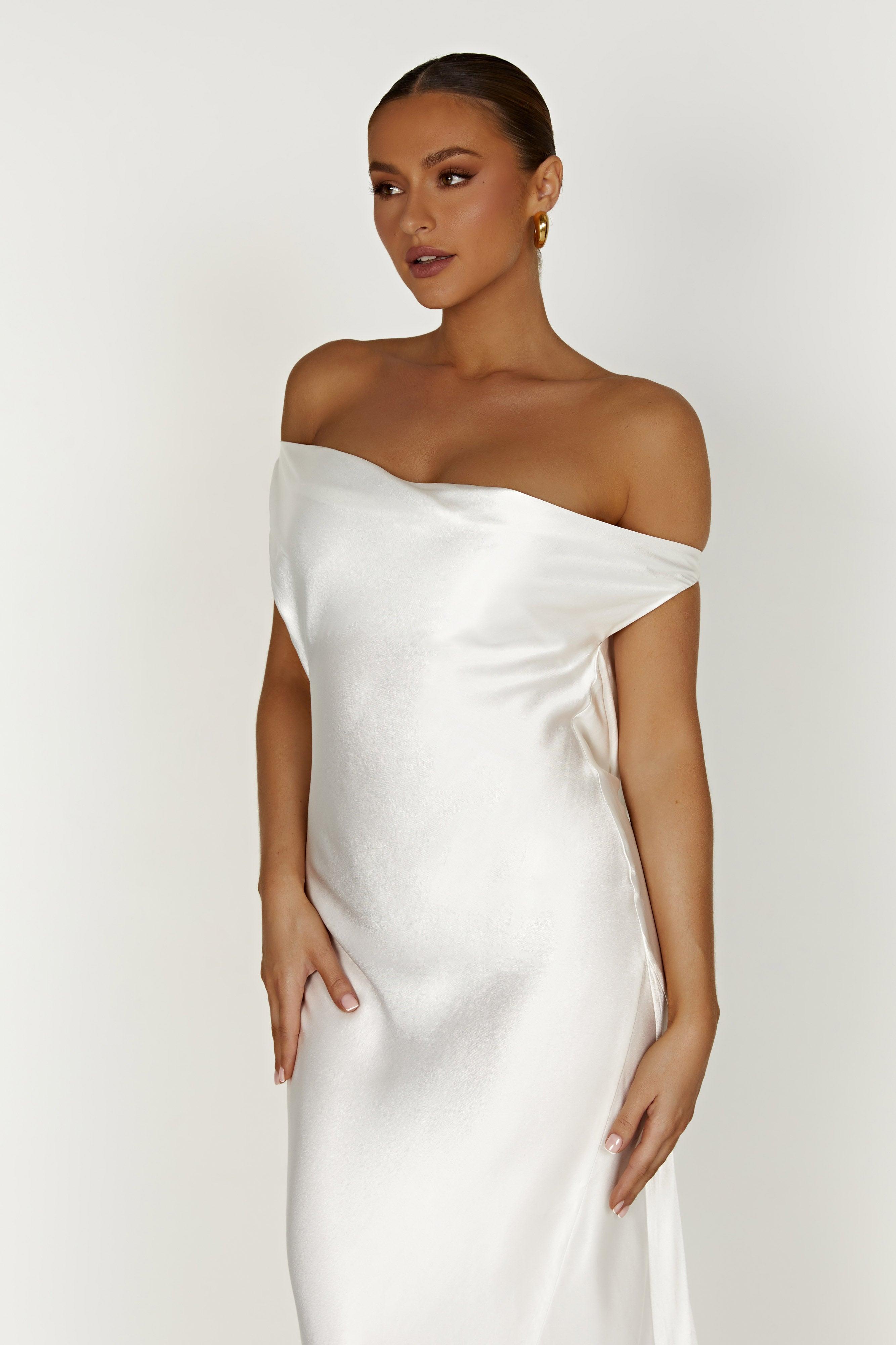 Yvette Slip Maxi Dress With Asymmetrical Hem - White Product Image