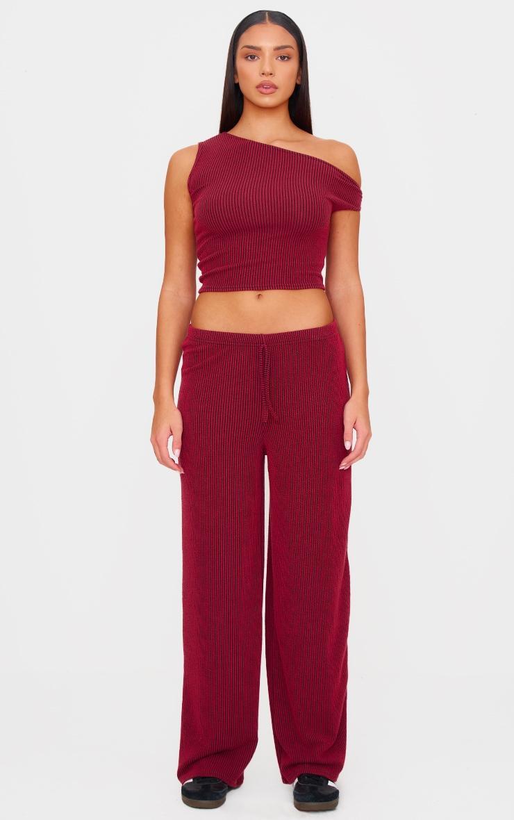 Burgundy Two Tone Crinkle Rib Slouchy Fit Pants Product Image