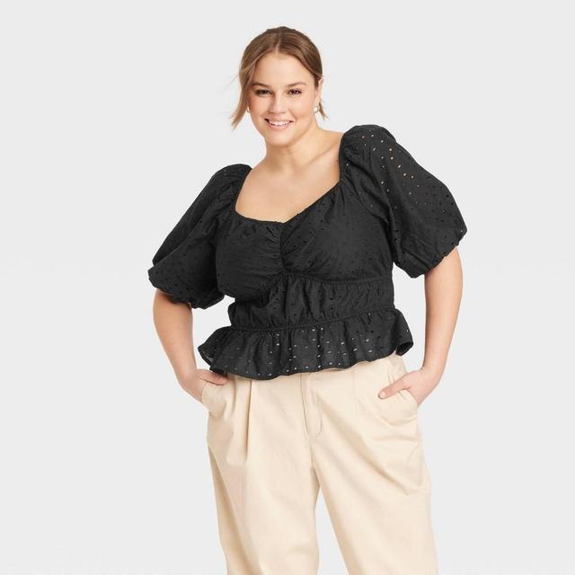 Womens Plus Size Puff Elbow Sleeve Eyelet Shirt - A New Day Black 4X Product Image