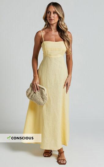 Brette Midi Dress - Linen Look Straight Neck Strappy Fit And Flare Dress in Lemon Product Image