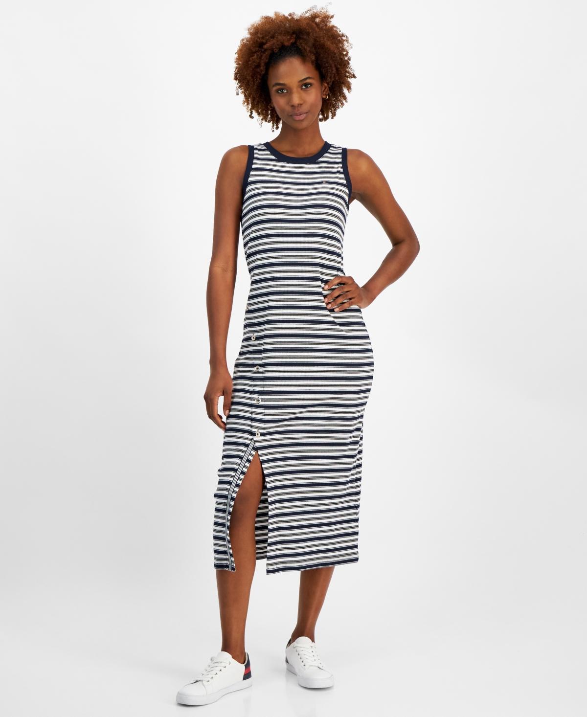 Tommy Hilfiger Womens Striped Ribbed Slit Midi Dress Product Image