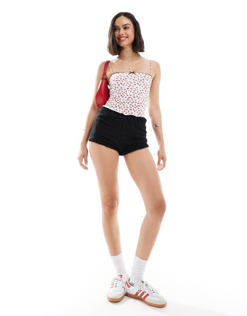 Bershka strappy straight neck cami top in cherry print Product Image